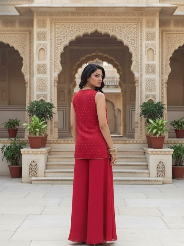 Crimson Royalty Embroidered Palazza Set