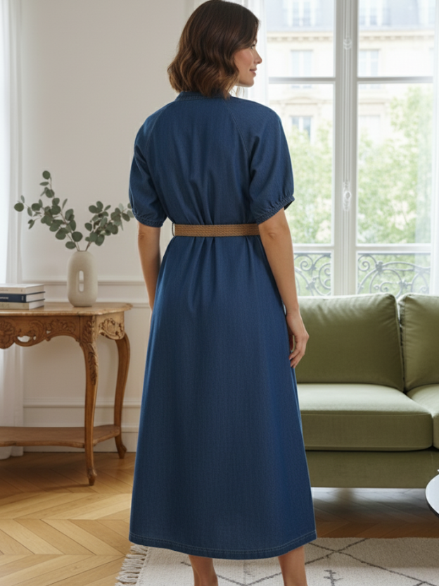 Lacy denim button-down midi dress with puff sleeves & waist belt