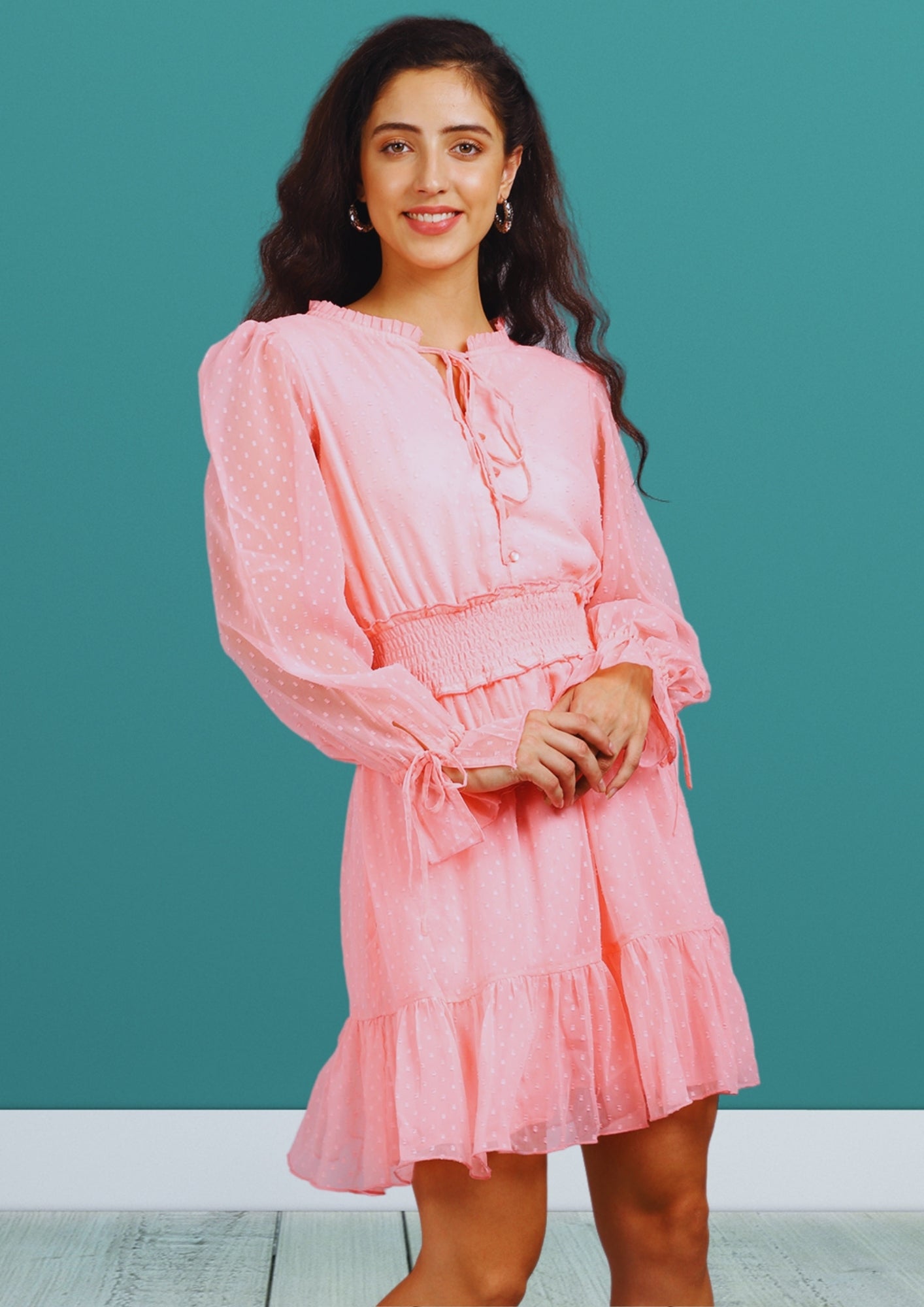 Tie-Up Neck Puff Sleeve Georgette A-Line Dress