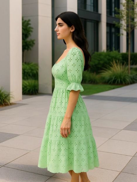 Estelle Pink and Green Laced Organic Hakooba Schiffli Midi Dress