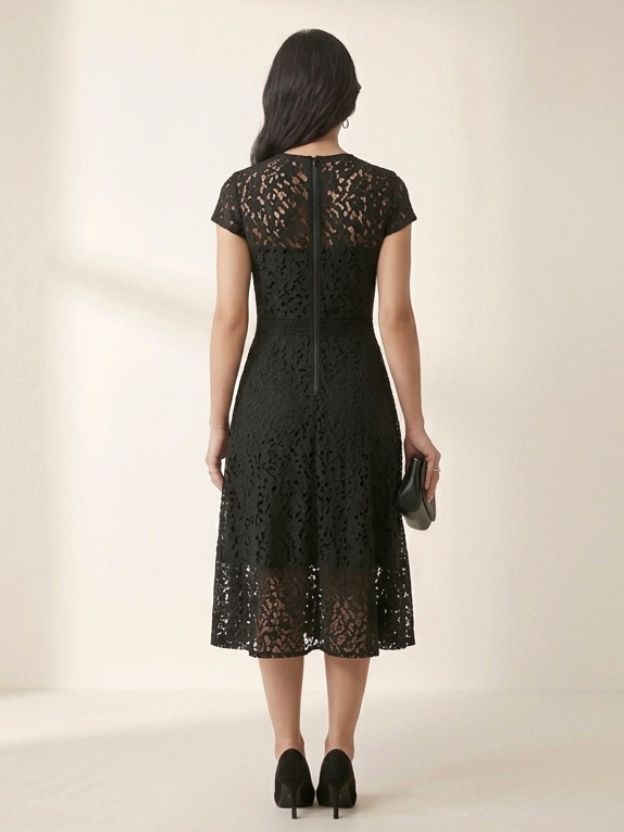 Elegant Lace Fit & Flare Midi Dress for Women