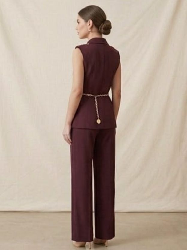 Women's Tailored Double-Breasted Waistcoat and High-Waisted Pant Set in Deep Plum