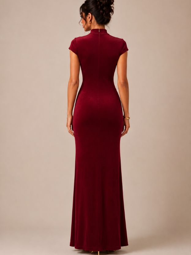 Women's Elegant Mock Neck Ruched Maxi Dress with Gold Buckle Detail | Bodycon Evening Party Gown | Wine Brown