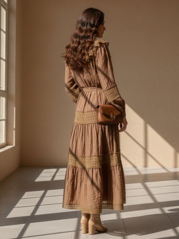 Lace Panel Tiered Midi Dress with Waist Tie