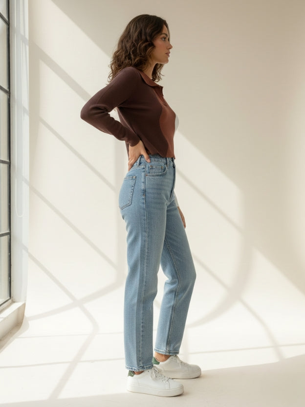 Stylish Colorblock Collared Knit Top for Women – Smart Casual Pullover