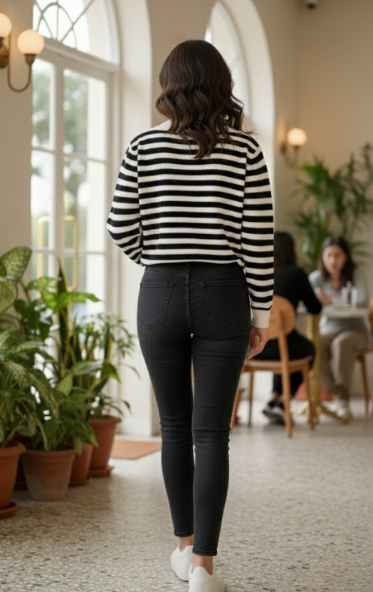 Women’s Striped Knit Polo Top – Long Sleeve Casual Chic Sweater