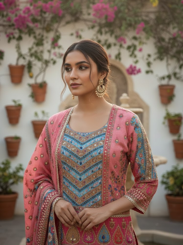 Elegant Coral Printed Sharara Set with Dupatta