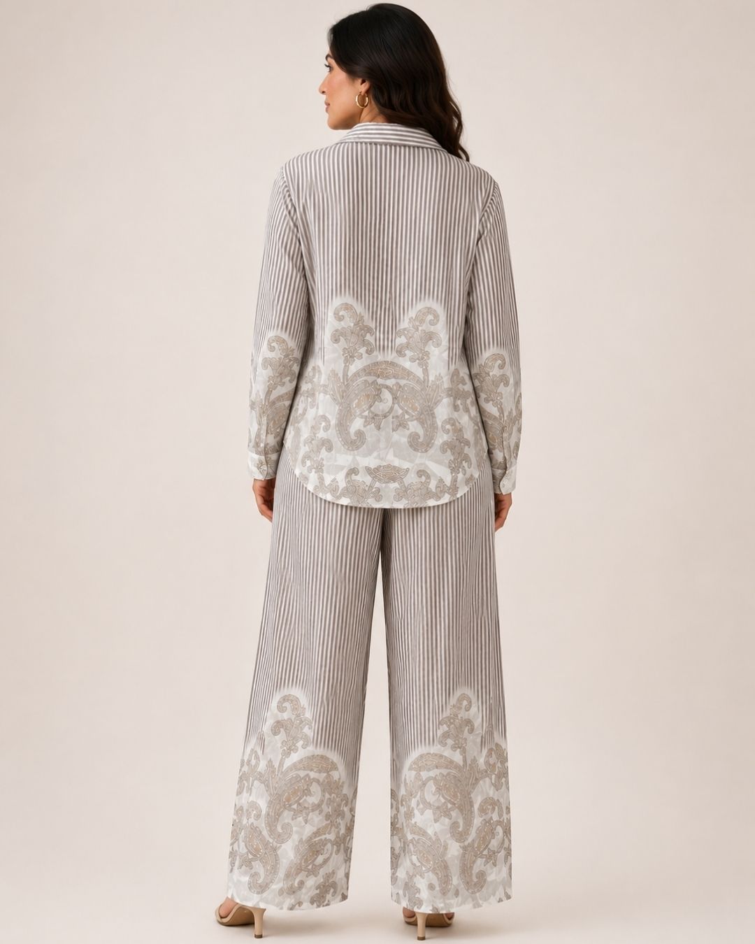 Women’s Striped Co-ord Set with Paisley Print | Button-Down Shirt & Wide Leg Pants