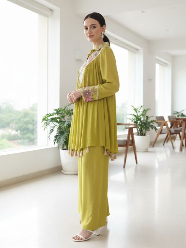 Anaya Bloom Essence Festive Lime Green Embroidered Co-ord with Tassel Detailing Co-ord Set
