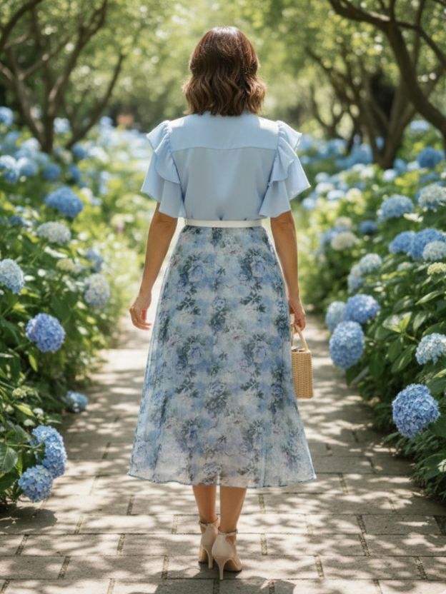Elegant Floral Midi Dress with Soft Ruffle Details
