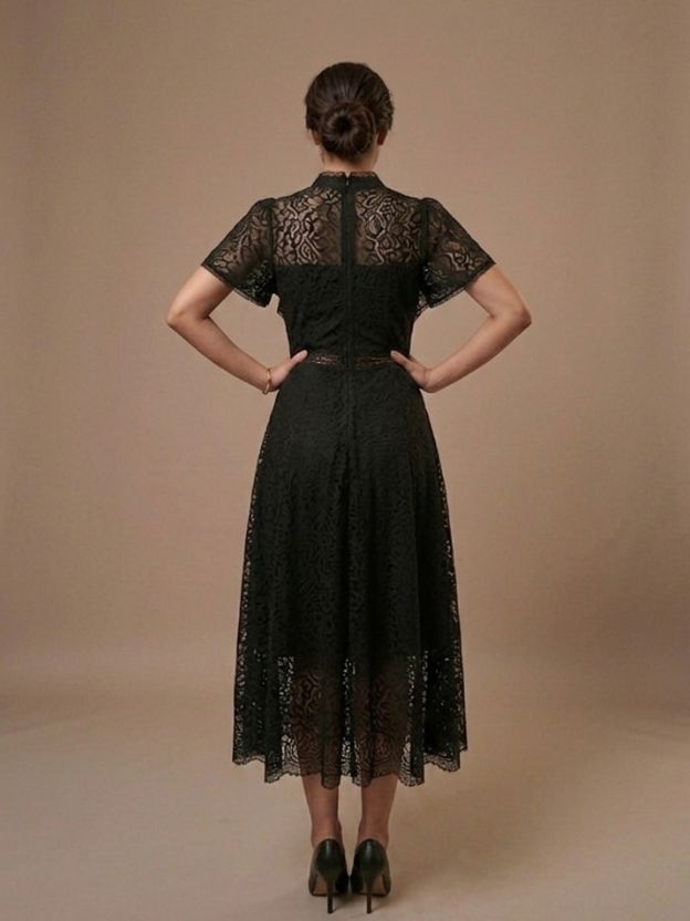 Elegant Lace Fit & Flare Midi Dress with Sheer Sleeves