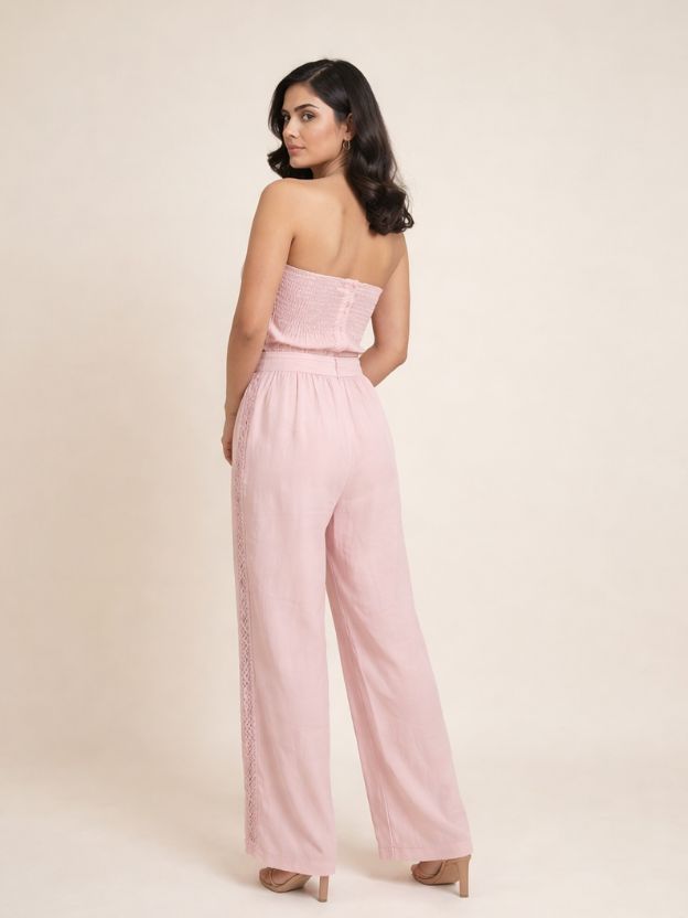 Blush Pink Lace Detail Tube Top & Wide-Leg Pants Co-ord Set - 2 Piece Summer Outfit
