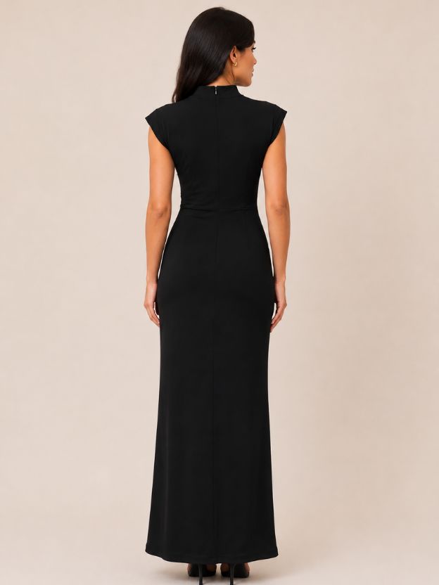 Women's Black Solid Maxi Bodycon Dress with Gold Brooch Detail | Elegant Evening Party Dress | Premium Stretch Long Dress