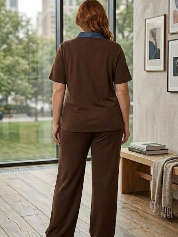 Chic Polo Collar Co-Ord Lounge Set with Wide-Leg Pants