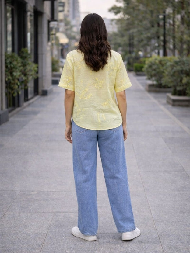 Women’s Embroidered Cotton Shirt – Summer Casual Short Sleeve Button Down Top
