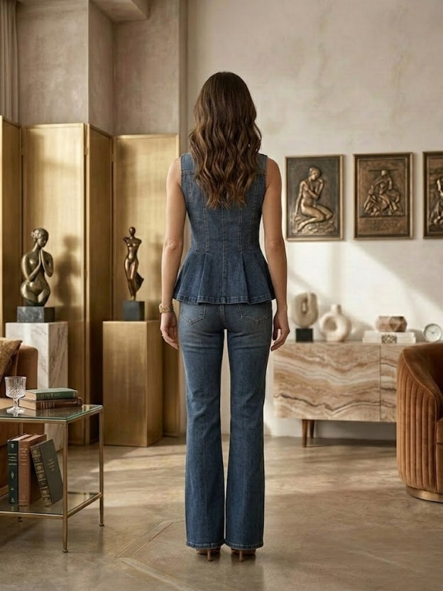 Classic Denim Co-Ord Set with Peplum Top