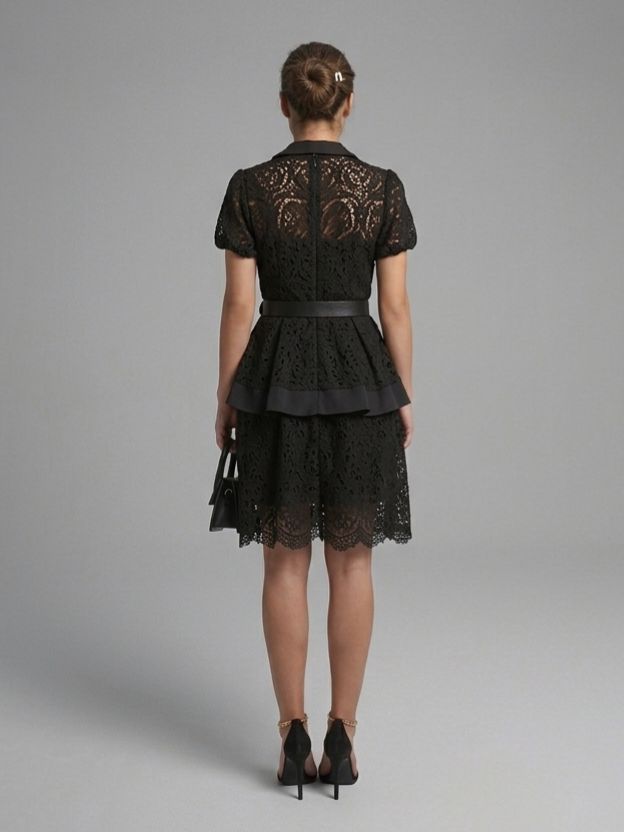 Vintage-Inspired Lace Button-Down Dress with Belt - Romantic Peplum Midi