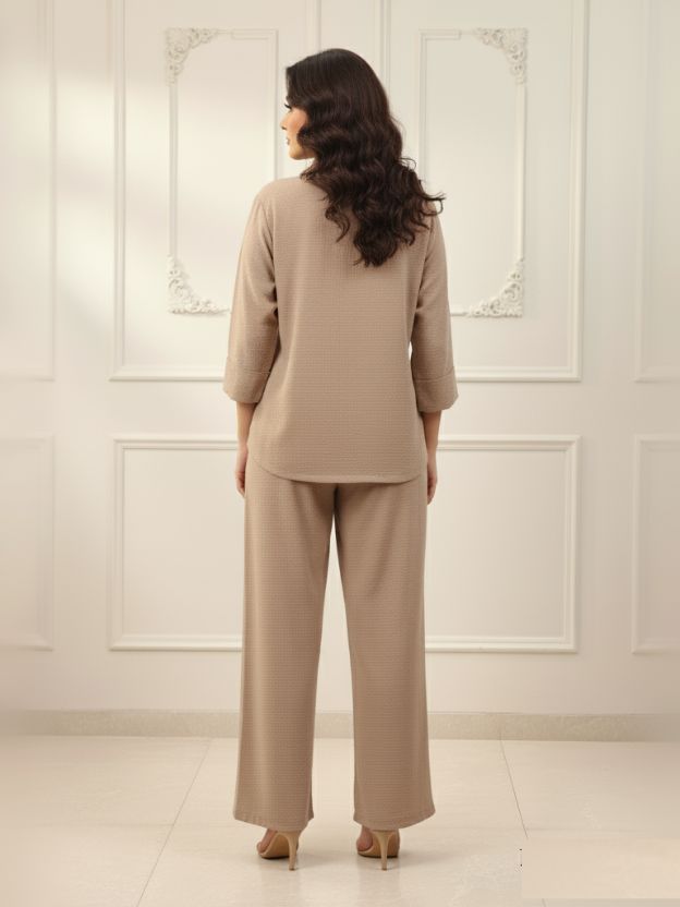 Luxe Co-ord Set With Crochet Coullerr Hand Pocket Detalling