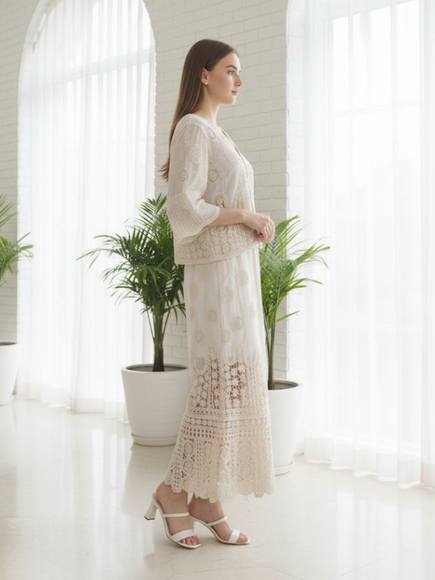 Ivory Whisper Crochet V-Neck Top with Matching Long Skirt – Co-ord Set