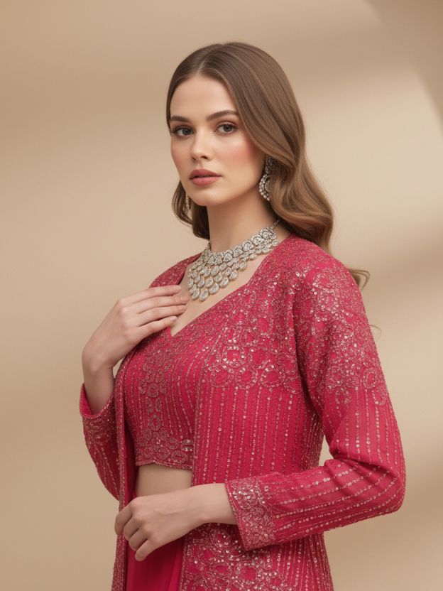 Rosetta Glow Sequinned Crop Top with Layered Ruffle Skirt & Embellished Jacket