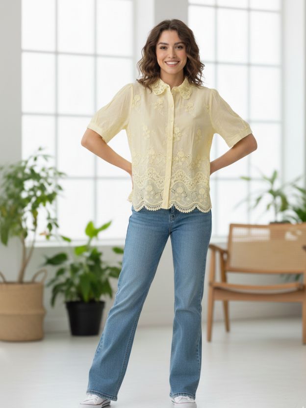 Elegant Embroidered Scalloped Hem Shirt