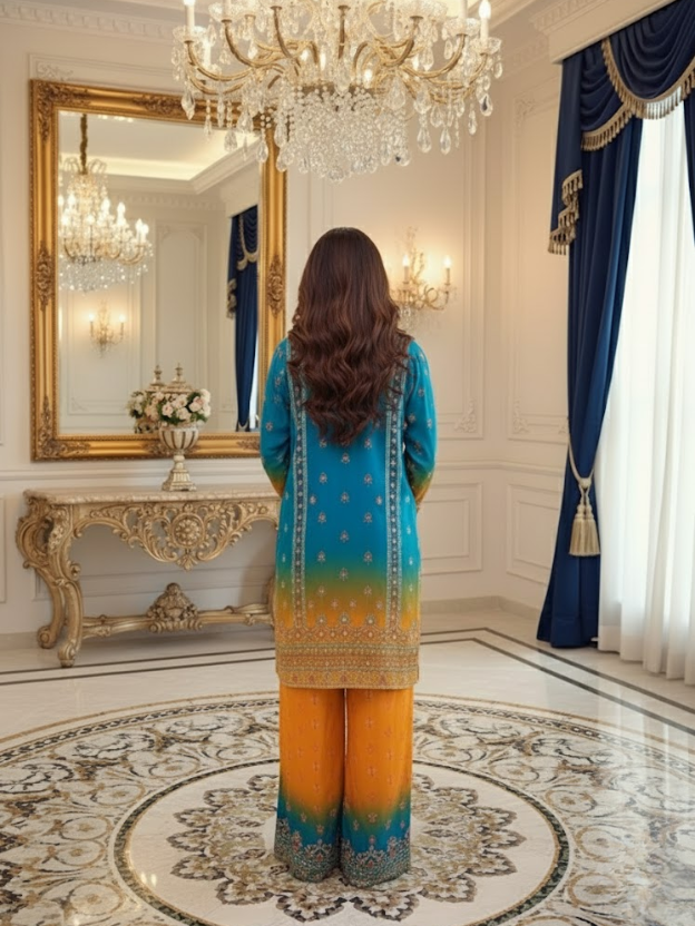 Azure Sunset Embroidered Crepe Ensemble