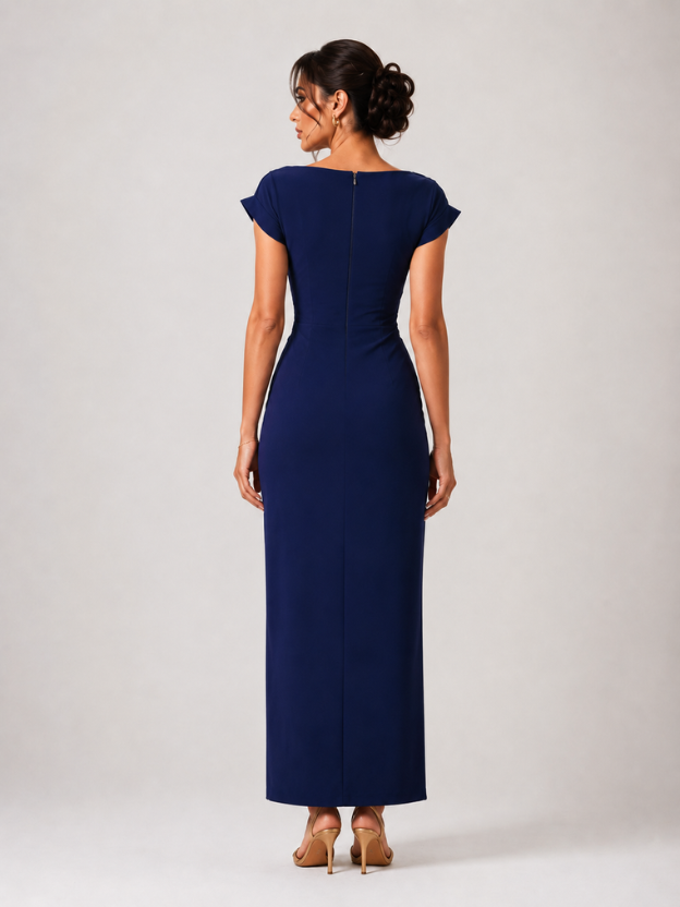 Women's Elegant Cowl Neck Midi Dress with Side Slit & Waist Buckle | Party, Cocktail & Evening Dress