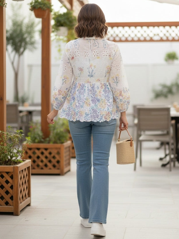 Sheer Floral Lace Tie-Front Peplum Shirt