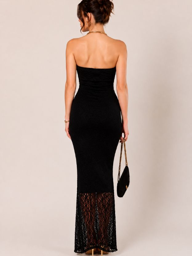 Seraphina Cowl Neck Halter Maxi Dress with Lace Hem – Black