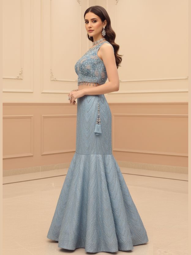 Stunning Sky blue mermaid Lehnga with Jacket set