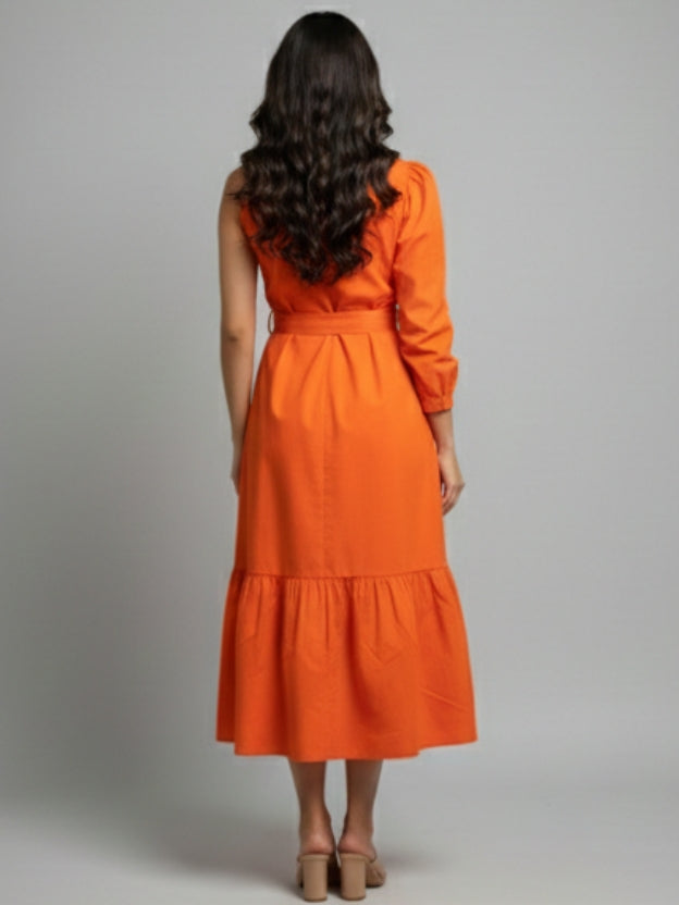 One-Shoulder Midi Dress with Waist