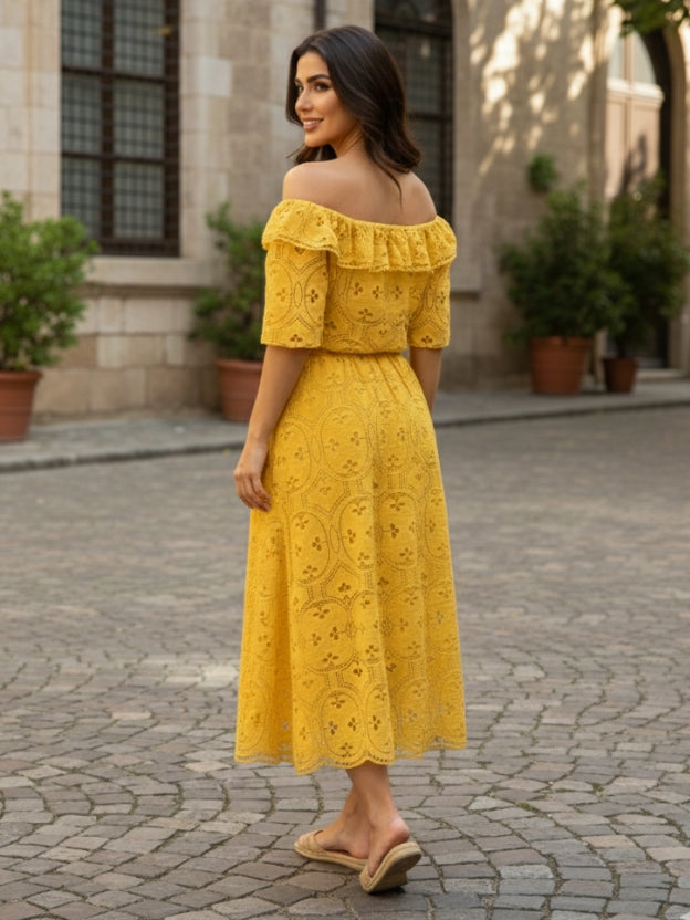 Elegant Off-Shoulder Lace Midi Dress