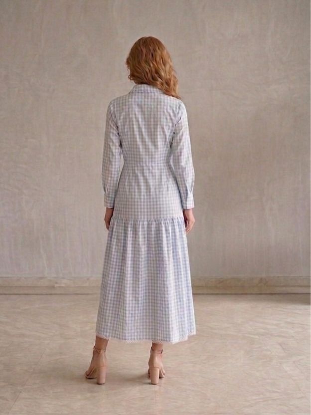 Elegant Gingham Shirt Dress with Lace Panel Detailing