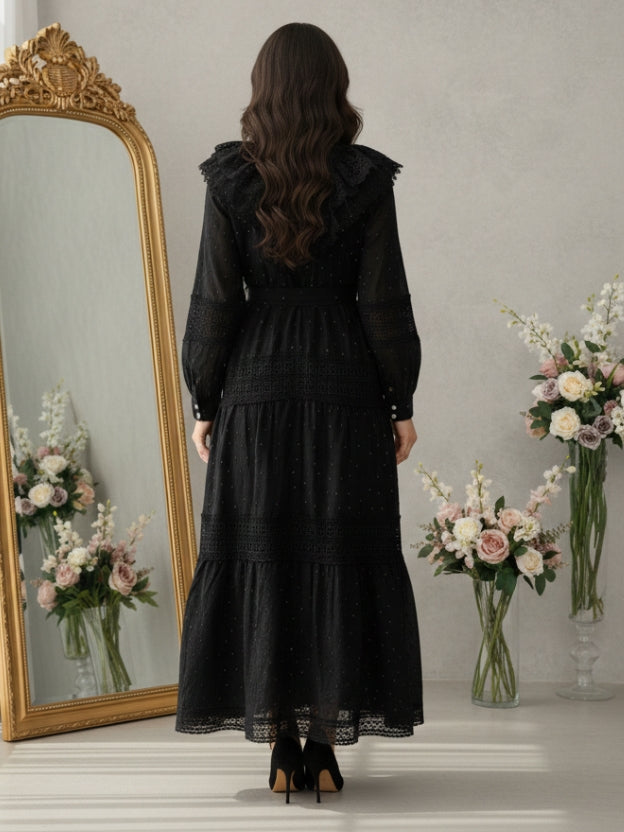 Elegant Lace Collar Tiered Midi Dress