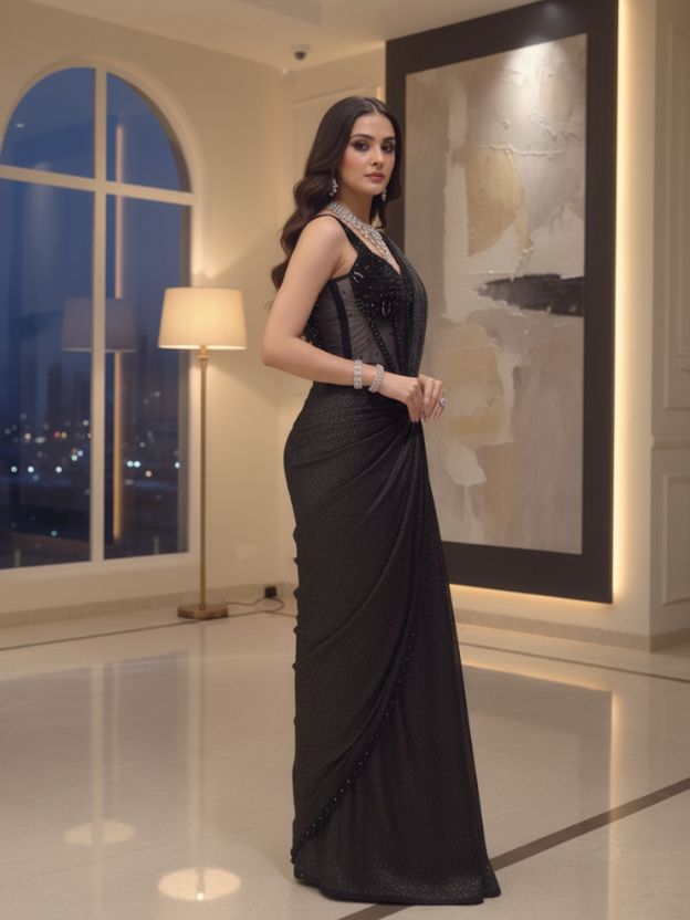 Elegants black drape saree with embellished cordset