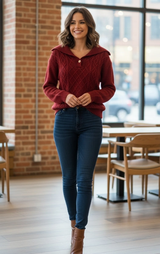 Women’s Textured Knit Sweater Top – Chic Button Neck Casual Winter Wear
