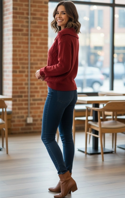 Women’s Textured Knit Sweater Top – Chic Button Neck Casual Winter Wear