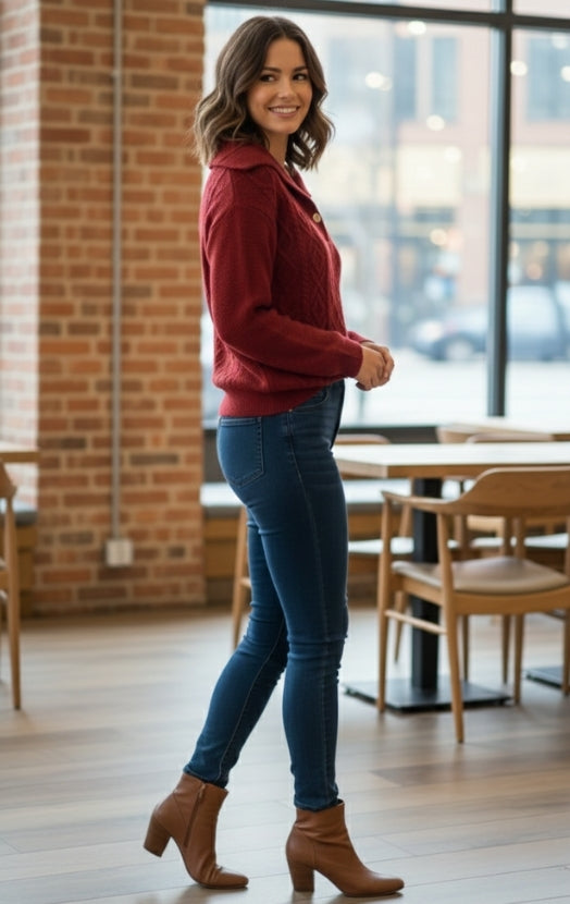 Women’s Textured Knit Sweater Top – Chic Button Neck Casual Winter Wear