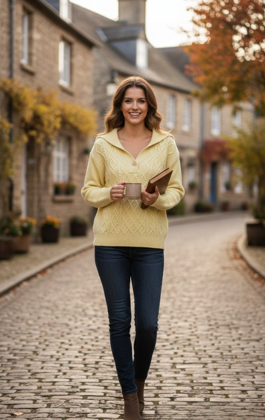 Women’s Textured Knit Sweater Top – Chic Button Neck Casual Winter Wear
