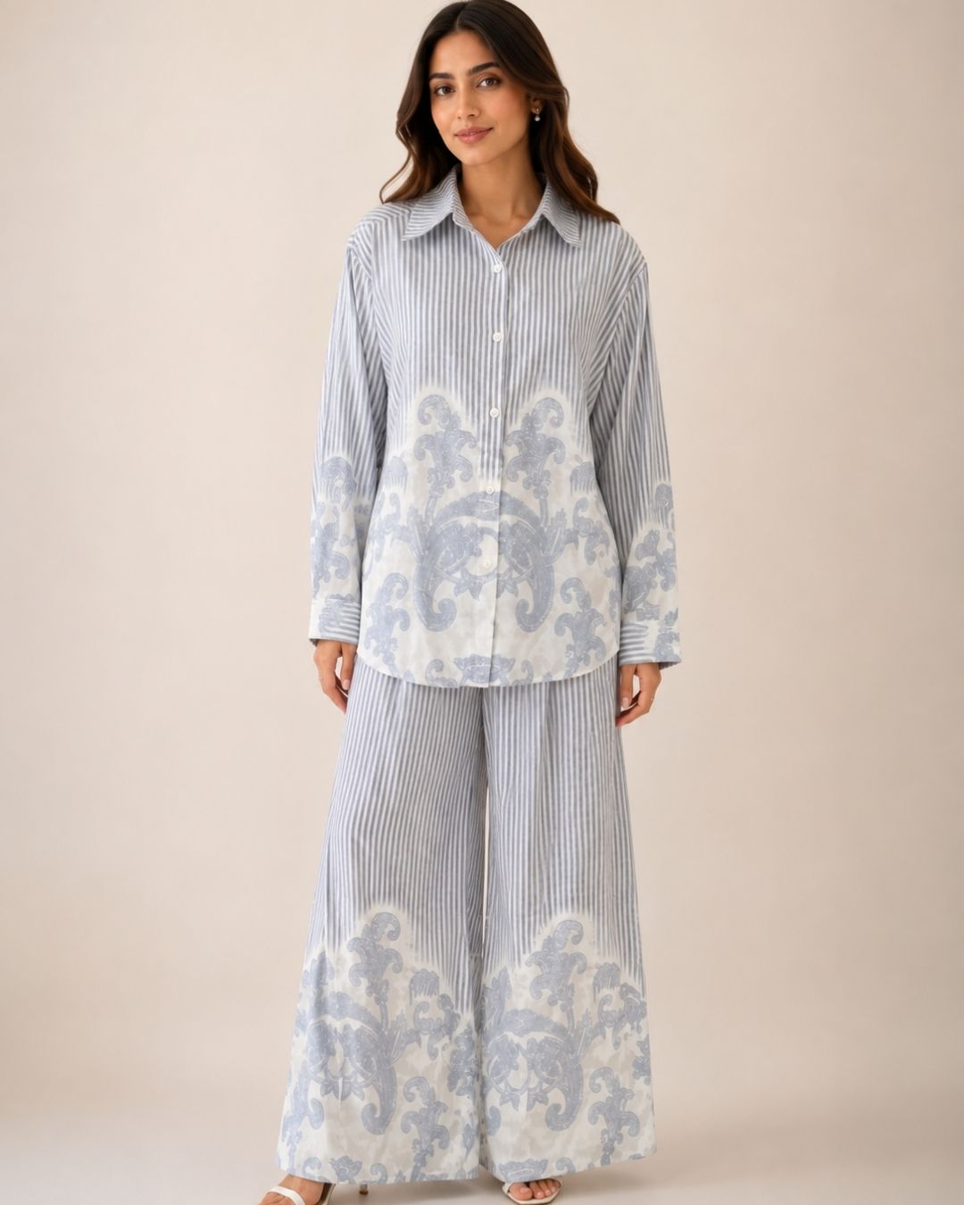 Women’s Striped Co-ord Set with Paisley Print | Button-Down Shirt & Wide Leg Pants