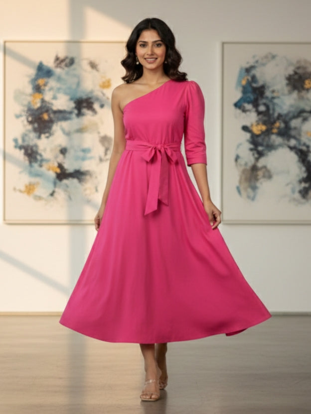 One-Shoulder Midi Dress with Waist