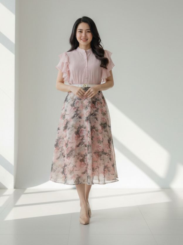 Elegant Floral Midi Dress with Soft Ruffle Details