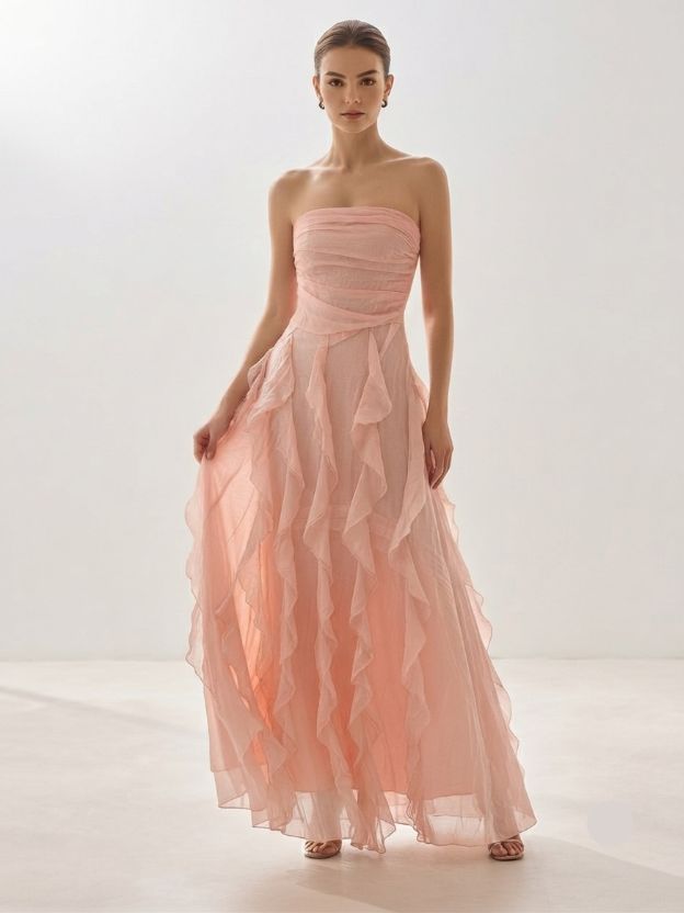 Women's Strapless Fit & Flare Maxi Dress | Elegant Pink Party Dress for Wedding, Prom & Evening Events