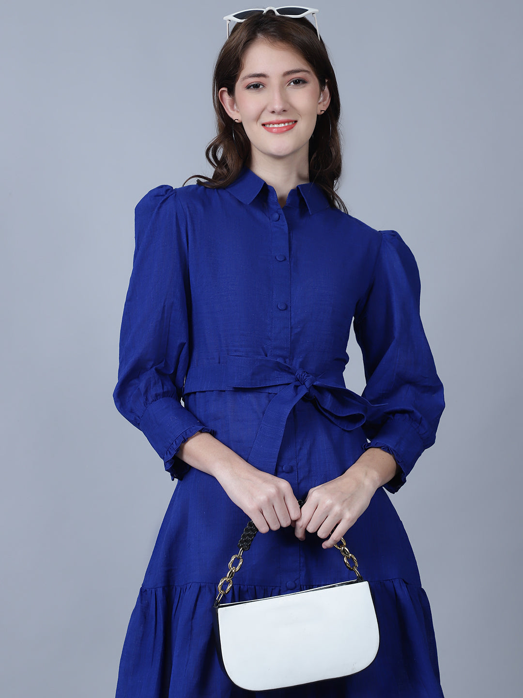 Puff Sleeves Cotton Shirt Dress
