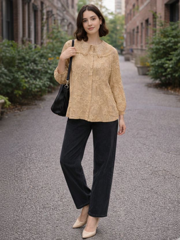 Embroidered Peter Pan Collar Button-Down Shirt