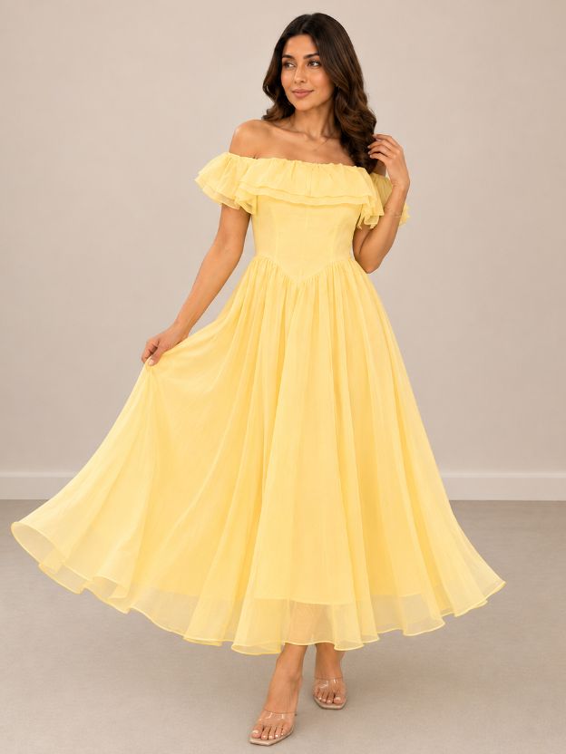 Women's Off-Shoulder Ruffle Maxi Dress | Flowy Chiffon A-Line Party & Summer Dress