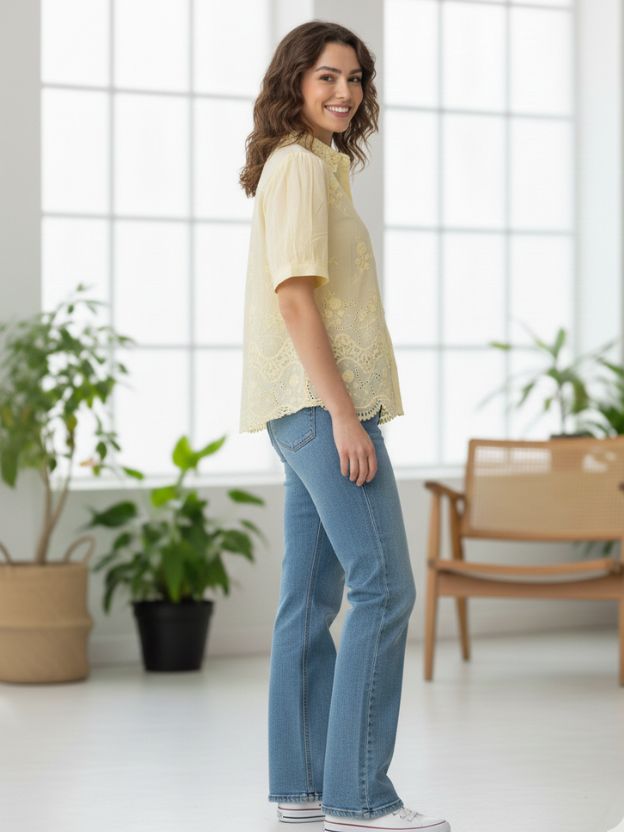 Elegant Embroidered Scalloped Hem Shirt