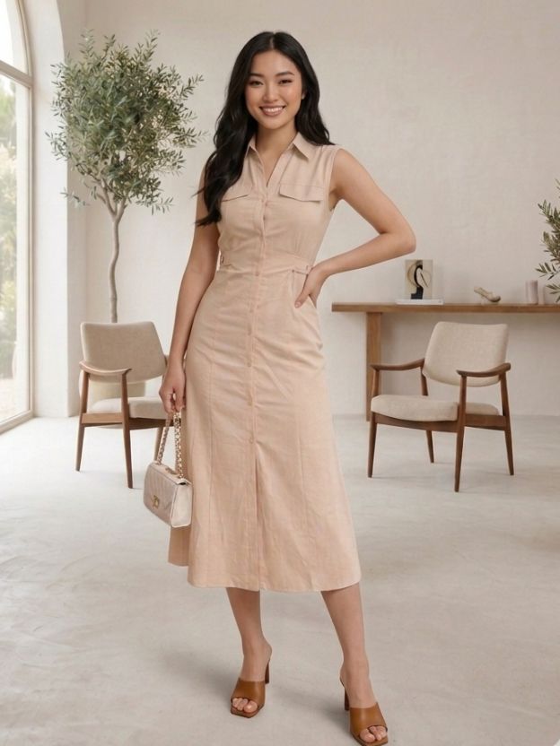 Mocha Elegance Linen Midi Dress