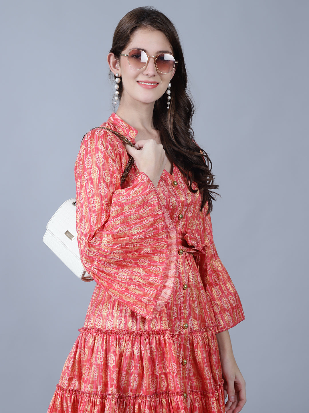 Floral Printed Bell Sleeves Cotton Fit & Flare Dress