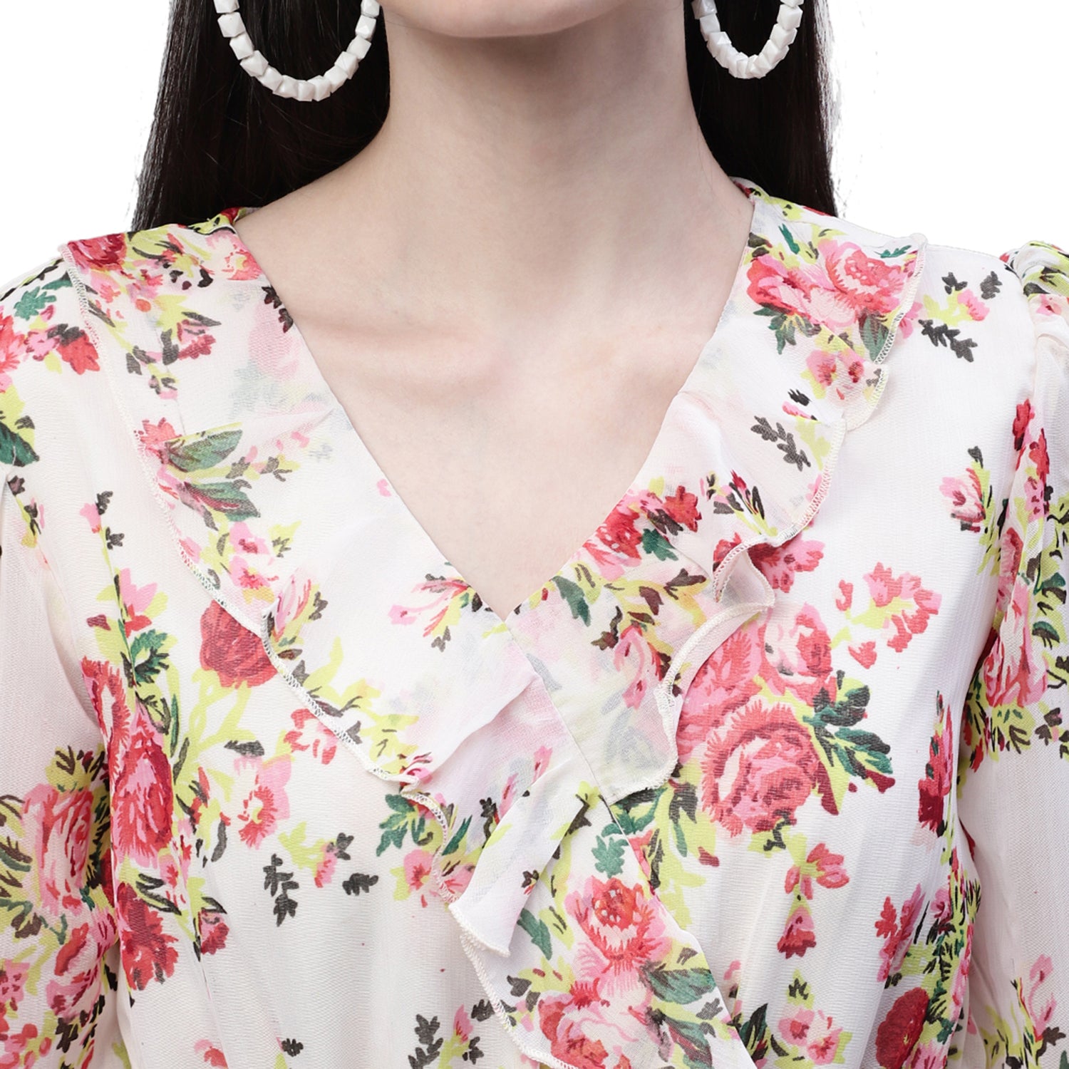 Floral Print V-Neck Bell Sleeve Ruffled Georgette Tired Fit & Flare Dress